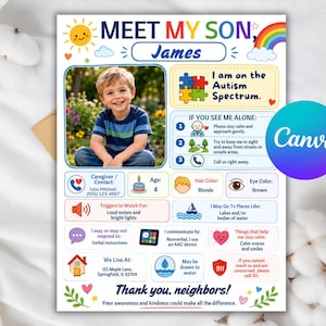 May include: A personalised informational card titled MEET MY SON, James, featuring a photo of a young boy. The document includes sections for caregiver contact, physical traits, communication methods, safety triggers, and emergency contact information.