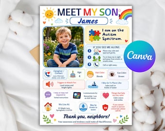 Könnte beinhalten: Eine personalisierte Informationskarte mit dem Titel MEET MY SON, James, die ein Foto eines jungen Jungen zeigt. Das Dokument enthält Abschnitte für Kontaktinformationen, körperliche Merkmale, Kommunikationsmethoden und Sicherheitshinweise.