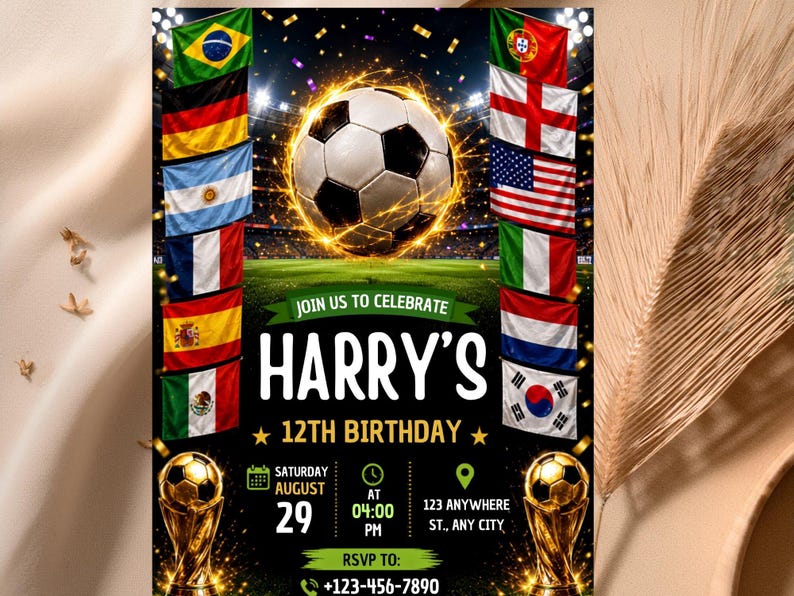 K&ouml;nnte beinhalten: Eine Geburtstagseinladung zum Thema Fu&szlig;ball mit einem zentralen Fu&szlig;ball in einem leuchtenden Ring, flankiert von internationalen Flaggen. Der Text lautet: JOIN US TO CELEBRATE HARRY'S 12TH BIRTHDAY, SATURDAY AUGUST 29, 04:00 PM, 123 ANYWHERE ST., ANY CITY, RSVP TO: 123-456-7890.