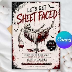 Puede incluir: Un folleto de invitación para una fiesta de Halloween con un esqueleto relajándose en una copa de cóctel grande llena de líquido rojo. El texto dice LET'S GET SHEET FACED, DRESS UP BE BOLD 21+ EVENT, FRIDAY OCTOBER 31ST, 20XX, CRYPT & COCKTAILS.