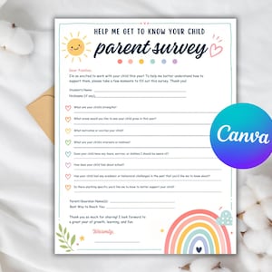May include: A white paper parent survey form titled Help Me Get To Know Your Child. The document features a yellow sun, a rainbow, and colorful heart icons next to questions about student strengths, interests, and needs, with blank lines for writing.