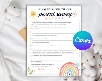 Könnte beinhalten: Ein weißer Elternfragebogen mit der Überschrift Help Me Get To Know Your Child. Das Dokument enthält eine gelbe Sonne, einen Regenbogen und bunte Herzsymbole neben Fragen zu den Stärken und Interessen des Kindes sowie leeren Zeilen zum Ausfüllen.