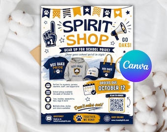 May include: A flyer for a school spirit shop featuring the text SPIRIT SHOP, GO OAKS, and GEAR UP FOR SCHOOL PRIDE. It displays a navy t-shirt, grey hoodie, baseball cap, and tote bag with Rox Oaks branding, a QR code, and an October 12 order deadline.