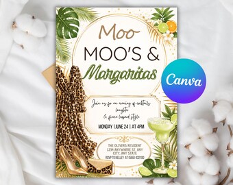 May include: A party invitation card featuring the text Moo MOO'S & Margaritas, a leopard print dress, gold high heels, a matching clutch, a margarita glass, and tropical foliage. The card includes event details for Monday, June 24 at 4 PM.