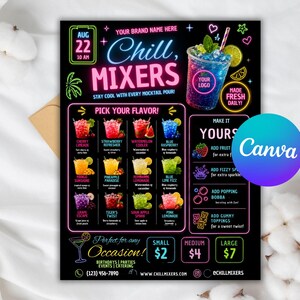 May include: A black menu flyer titled Chill Mixers with neon-style text and graphics. It features a blue drink illustration, a grid of twelve mocktail options with fruit garnishes, and sections for customization, pricing, and contact information.