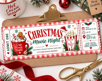 May include: A rectangular Christmas movie night ticket featuring red and white checkered borders, a red mug of hot cocoa with a gingerbread man, a bucket of popcorn, and text reading Christmas Movie Night, Admit One, and event details.