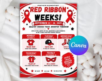 May include: A flyer for Pineview Elementary Red Ribbon Weeks from 22-26 September 2025. The white background features red ribbons, black stars, and a daily schedule with icons for themed days including wearing red, hats, socks, team jerseys, and masks.