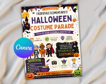 May include: A rectangular flyer for Fairytale Elementary's Halloween Costume Parade on 31st October. The design features colourful illustrations of children in costumes, pumpkins, a haunted house, and text detailing event times and rules.