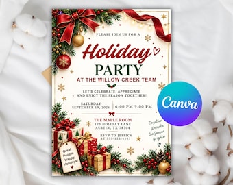 May include: A holiday party invitation card featuring a cream background with red and green festive accents. The text reads: Holiday Party at the Willow Creek Team, Saturday September 19, 2026, 6:00 PM 9:00 PM, The Maple Room, 123 Holiday Lane, Austin, TX 78704.