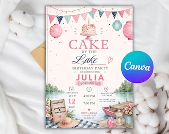May include: A birthday party invitation card featuring a watercolor illustration of a lake scene with a cake, bunting, and lanterns. The text reads: CAKE BY THE LAKE BIRTHDAY PARTY CELEBRATING JULIA TURNING 10, Saturday July 12 2027, 4:00 PM to 7:00 PM.