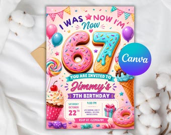 May include: A colourful birthday invitation card featuring the text I WAS NOW I'M 67, Jimmy's 7TH BIRTHDAY, and event details. The design includes a large doughnut-shaped 6, a waffle-cone 7, cupcakes, lollipops, balloons, and gift boxes.