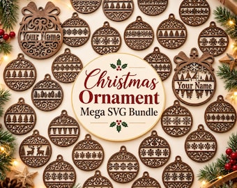 Christmas Ornament SVG Bundle, Laser Cut Bauble Templates, Snowflake, Tree, Reindeer and Name Panel Designs