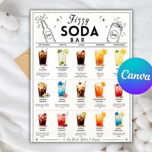 May include: A white rectangular menu sign titled Fizzy Soda Bar with black text and illustrations of various soda drinks. The menu lists fifteen drink combinations with names and ingredients, featuring colorful graphics of glasses filled with beverages.