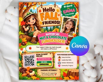 May include: A colourful flyer for a nut and chocolate fundraiser featuring a cartoon scout, a photo placeholder for Emma, and the text Hello Fall Friends, Support My Nut & Chocolate Fundraiser, Scan To Shop Online, and MyTroopNuts.com.
