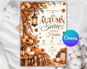 Puede incluir: Una tarjeta de invitación para una velada de otoño en honor a Ferriha, con ilustraciones de calabazas, girasoles, hojas de otoño y faroles. El texto incluye los detalles del evento para el sábado 17 de octubre a las 17:00 en The Maple Barn, Austin, TX.