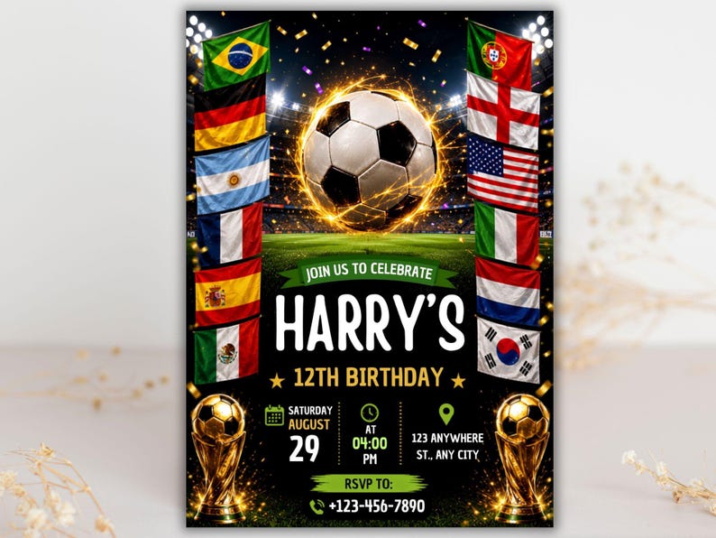 K&ouml;nnte beinhalten: Eine Geburtstagseinladung zum Thema Fu&szlig;ball mit einem zentralen Fu&szlig;ball, der von einem leuchtenden Ring umgeben ist, flankiert von vertikalen Flaggenreihen. Der Text lautet: JOIN US TO CELEBRATE HARRY'S 12TH BIRTHDAY, SAMSTAG 29. AUGUST UM 16:00 UHR.