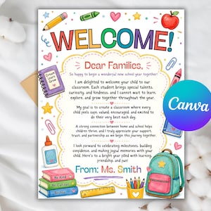 May include: A colourful classroom welcome letter titled WELCOME! with the text Dear Families, So happy to begin a wonderful new school year together! It features illustrations of a pencil, apple, glue, books, and a backpack, signed From: Ms. Smith.
