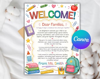 Könnte beinhalten: Ein bunter Willkommensbrief für das Klassenzimmer mit der Überschrift WELCOME! und dem Text Dear Families, So happy to begin a wonderful new school year together! Er zeigt Illustrationen von Stift, Apfel, Kleber, Büchern und Rucksack, signiert From: Ms. Smith.