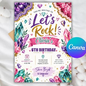 Może przedstawiać: Zaproszenie urodzinowe z ilustracjami fioletowych, różowych i turkusowych kryształów ze złotymi akcentami. Tekst brzmi: You're invited to Let's Rock! Olivia's 6th Birthday, wraz ze szczegółami wydarzenia, lokalizacją i informacjami RSVP.