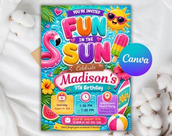 Fun in the Sun Birthday Invitation, Beach Theme Kids Party Invite, Editable Canva Template, Digital Summer Birthday Download