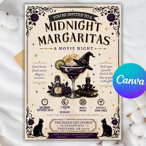 Puede incluir: Un folleto de invitación rectangular para una noche de cine Midnight Margaritas. El diseño presenta una margarita morada, un sombrero de bruja, una poción y gatos negros. El texto incluye detalles del evento, fecha, hora y ubicación.