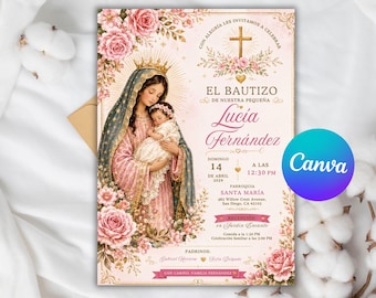 May include: A baptism invitation card featuring an illustration of the Virgin Mary holding a baby, surrounded by pink roses and gold accents. The text includes "EL BAUTIZO DE NUESTRA PEQUEÑA Lucia Fernández", date, time, and location details in Spanish.