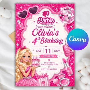 Op de afbeelding: Een roze verjaardagsuitnodiging met een blond personage dat een taart vasthoudt, hartvormige zonnebrillen, een discobal, een handtas, lippenstift en een make-updoosje. De tekst luidt: Come on Barbie let's go party, Olivia's 4th Birthday, SAT 11 NOV.