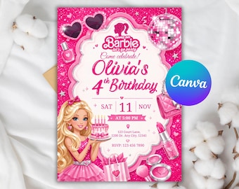 Editable fashion doll birthday Invitation, Pink Glitter Party, Bestie Invite, Digital Download, Canva Template