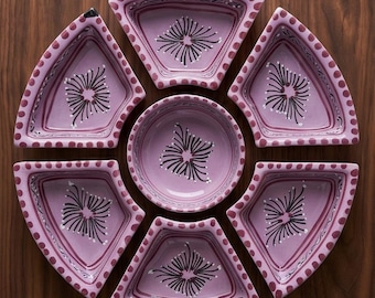 Handmade Tunisian Ceramic Appetizer Tray – 6 Compartments Mezze Dish, Olive & Nuts Serving Set, Traditional Mediterranean Table Decor