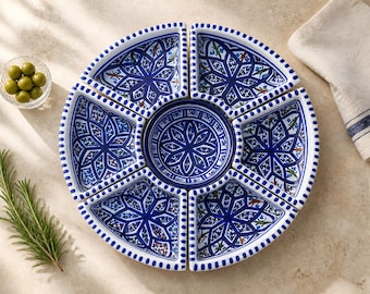 Vassoio da antipasto in ceramica tunisina fatto a mano – Piatto da mezze a 6 scomparti, set da portata per olive e noci, decorazione tradizionale della tavola mediterranea