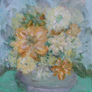 May include: An oil painting on canvas depicting a bouquet of flowers in shades of orange, yellow, and white, arranged in a light gray bowl. The background is a textured light blue, and the base is a solid green. The artist's initials are in the corner.