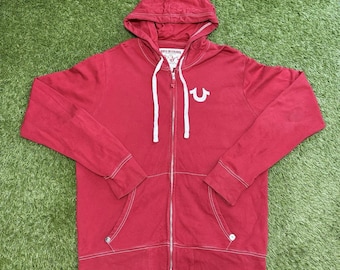 Y2K True Religion Buddha Hufeisen Zip Up Hoodie Rot Weiß Männer XL
