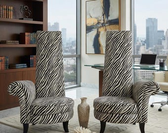 Zebra Print High Back Accent Chairs | Stuhlpaar mit auffälligem Animal Print | Schwarz Weiß Wohnzimmer Stuhl | Gerollter Arm Samt-Stuhl