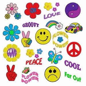 Peut inclure: Une collection d'écussons brodés aux motifs colorés incluant des fleurs, un symbole yin-yang, un arc-en-ciel, une voiture, un signe de paix, un papillon, des visages souriants et le texte LOVE, GROOVY, FLOWER POWER, PEACE, COOL et Far Out.