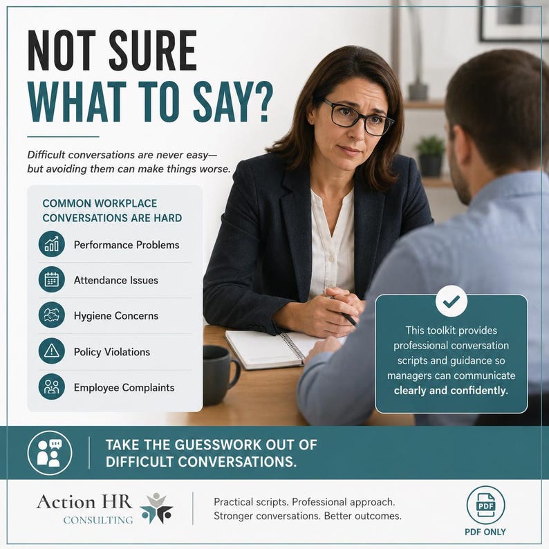 Może przedstawiać: Cyfrowy zestaw narzędzi do komunikacji w miejscu pracy z tekstem 'NOT SURE WHAT TO SAY?' oraz 'COMMON WORKPLACE CONVERSATIONS ARE HARD' zawierający listę temat&oacute;w takich jak wydajność, frekwencja, higiena, zasady i skargi pracownik&oacute;w.