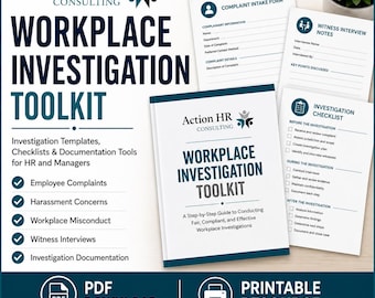 Op de afbeelding: Een toolkit voor werkplekonderzoek met een handleiding en sjablonen voor HR-professionals. De documenten bevatten een klachtenformulier, aantekeningen voor getuigenverhoren en een checklist, voorzien van het Action HR Consulting logo.