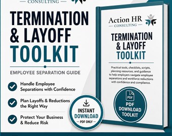 Op de afbeelding: Een digitaal product getiteld Action HR Consulting Termination & Layoff Toolkit, een gids voor personeelsverloop. De wit- en blauwgroene omslag bevat de tekst, een PDF-downloadpictogram en opsommingstekens met hulpmiddelen.