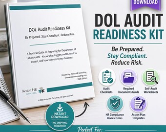 Op de afbeelding: Een digitale download DOL Audit Readiness Kit van Action HR Consulting. De witte documentomslag heeft blauwgroene accenten en de tekst: Be Prepared. Stay Compliant. Reduce Risk. Bevat iconen voor auditchecklists en documenten.