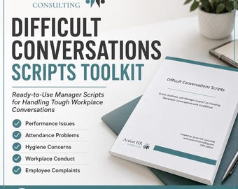 Op de afbeelding: Een digitale toolkit getiteld Difficult Conversations Scripts Toolkit van Action HR Consulting. Het document bevat kant-en-klare managerscripts voor prestatieproblemen, aanwezigheid, hygiëne, gedrag en klachten. PDF-download.
