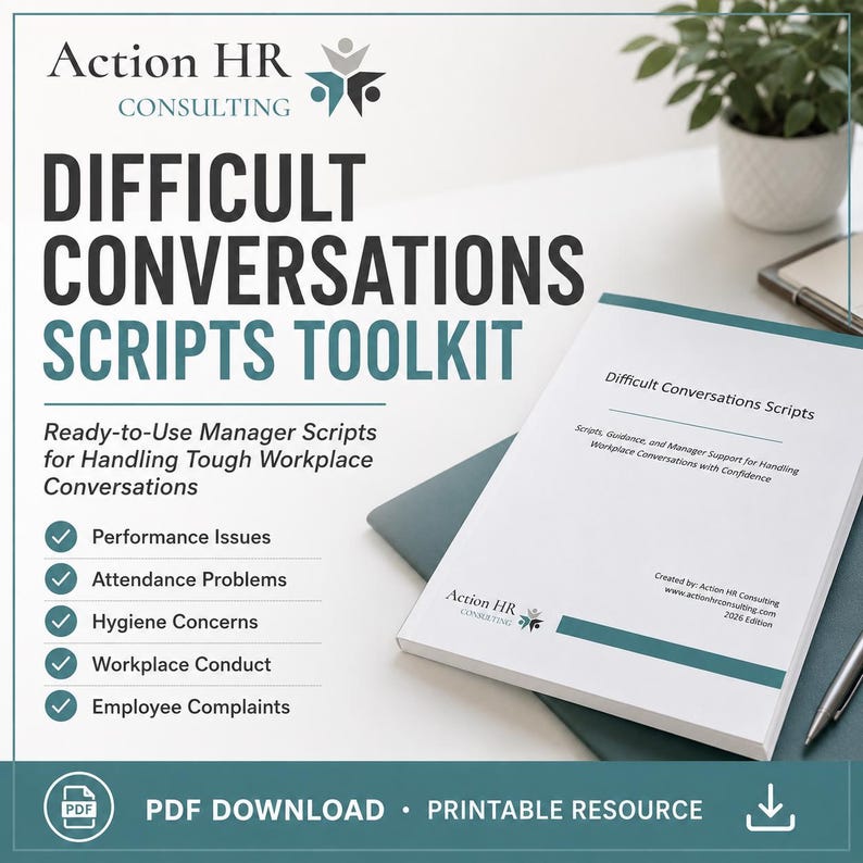 Może przedstawiać: Cyfrowy zestaw narzędzi zatytułowany Difficult Conversations Scripts Toolkit od Action HR Consulting. Dokument zawiera gotowe skrypty dla menedżer&oacute;w dotyczące wydajności, obecności, higieny, zachowania i skarg. Plik do pobrania w formacie PDF.