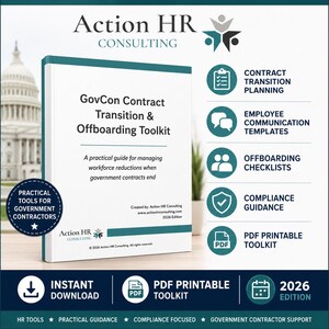 Op de afbeelding: Een witte digitale toolkit-omslag getiteld GovCon Contract Transition & Offboarding Toolkit, 2026 Editie door Action HR Consulting. Het bevat functies zoals contractovergangsplanning, communicatiesjablonen en compliance-richtlijnen.