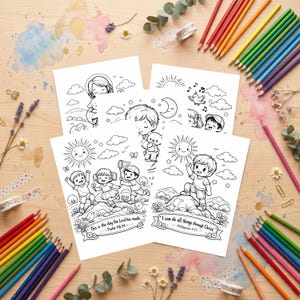 Peut inclure: Quatre pages de coloriage blanches avec des illustrations au trait noir représentant des enfants et des thèmes religieux. Une page montre un enfant sur une colline avec le texte "I can do all things through Christ. Philippians 4:13" et une autre "This is the day the Lord has made. Psalm 118:24."