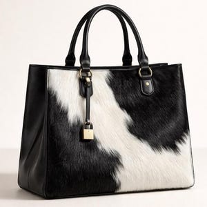 May include: A black and white cowhide print handbag featuring a textured hair-on-hide front panel, smooth black leather side panels, two sturdy black top handles, and a small gold-toned padlock charm hanging from one of the handle attachment rings.