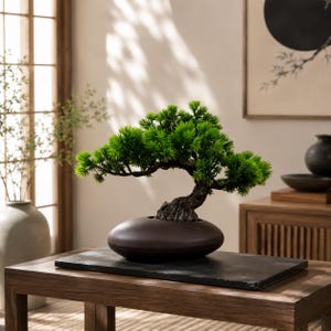 Peut inclure: Un petit bonsaï artificiel doté d'un feuillage vert vif en forme d'aiguilles et d'un tronc texturé brun foncé. L'arbre est planté dans un pot en céramique ovale, lisse et bas, posé sur une base en pierre noire plate et rectangulaire.