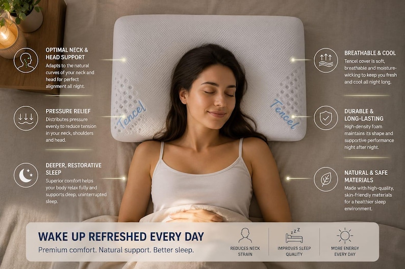 May include: A white rectangular pillow with a Tencel cover featuring perforated side panels. The pillow is labeled with the text Tencel and includes informational graphics detailing features like neck support, pressure relief, and breathability.