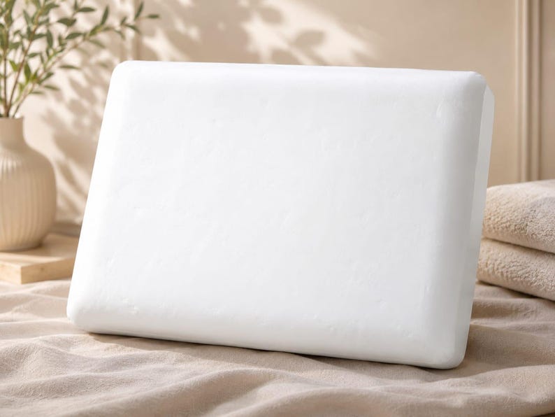 May include: A rectangular white pillow with a smooth, solid surface and rounded edges. The pillow is positioned upright, showcasing a clean, minimalist design with a uniform texture and a bright, neutral white color throughout the entire exterior.
