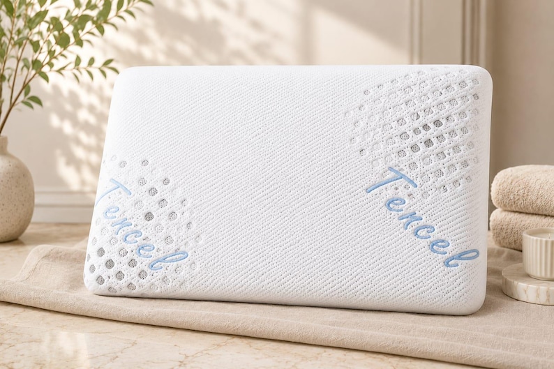 May include: A rectangular white pillow with a textured knit surface featuring two circular patterns of grey dots. The word Tencel is embroidered in light blue script on the left and right sides of the pillow, positioned over the grey dot patterns.