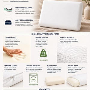 May include: A white rectangular memory foam pillow with a Tencel cover. The product features include a 45 kg/m3 density, a removable machine-washable cover with a zipper, and a one-piece molded viscoelastic foam core designed for neck support.