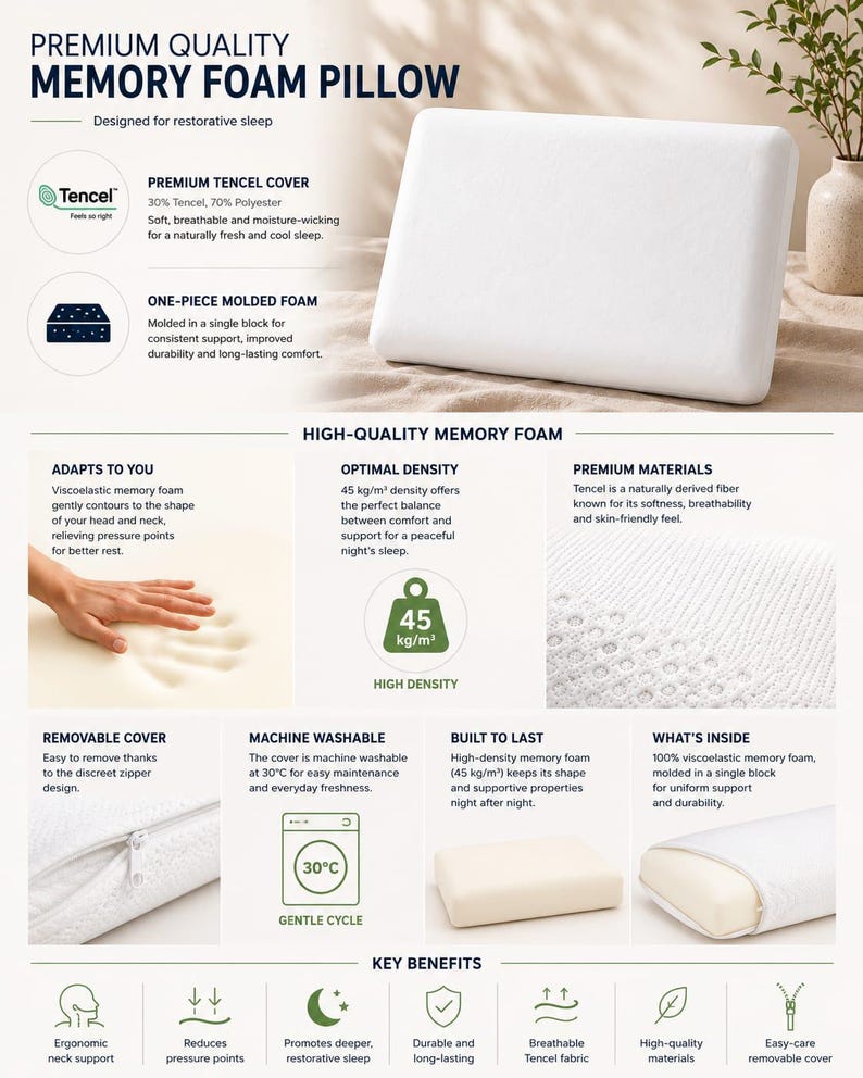 May include: A white rectangular memory foam pillow with a Tencel cover. The product features include a 45 kg/m3 density, a removable machine-washable cover with a zipper, and a one-piece molded viscoelastic foam core designed for neck support.