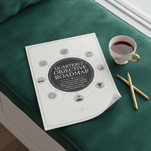 May include: A white paper document titled Quarterly Objective Roadmap with a central black circle containing text and surrounding icons. Beside the document are two gold pens and a white teacup with a gold handle containing dark red liquid.